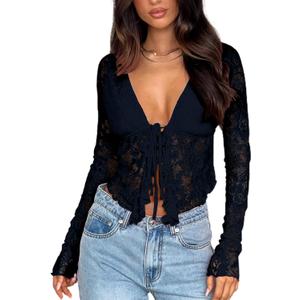 Women's Sexy Open Front Tie Long Sleeve Ruffle Trim Sheer Mesh Lace Crop Tops Blouses (Large, Black)