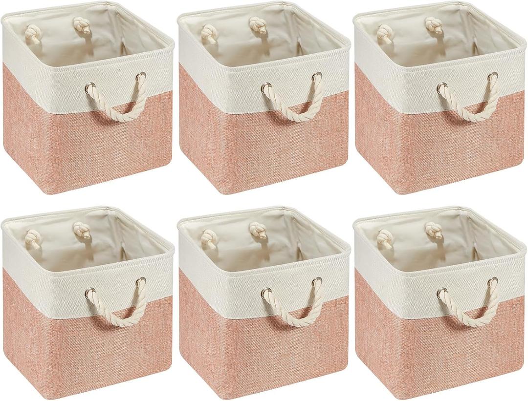 6 Pcs 11 x 11 Inch Cube Storage Bins Fabric Storage Organizer Bins Foldable Cube Baskets with Sturdy Carry Handles Wicker Baskets for Home (Orange Pink and White)