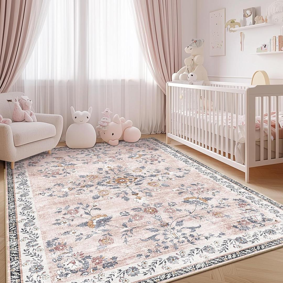 Area Rug 3x5, Vintage Floral Distress Print Pattern, Washable Non-Slip Low-Pile Indoor Carpet for Bedroom, Living Room, Dining Room & Entryway, Pink Purple