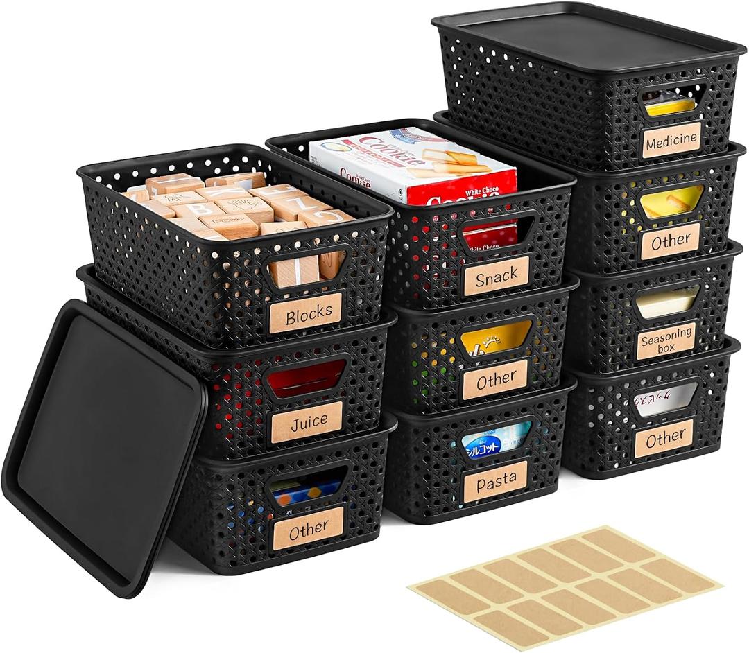 10 Pack Small Plastic Storage Bins with Lids, Stackable Plastic Storage Baskets for Organizing with Handles, Organizer Bins with Labels for Room, Craft, Containers for Pantry Organizers and Storage