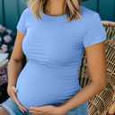 Huukeay 4 Pack Women's Maternity Shirts, Crew Neck Maternity Top Short Sleeve Casual Cotton Tee Side Ruched Pregnancy Clothes (Large, Black, Pink, Light Blue, Dark Gray)