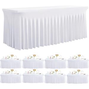 Outpain White Spandex Table Clothes for 6 Foot Rectangle Tables-8Pack 6FT Spandex Fitted Table Cover, Wrinkle Free Tablecloths with Skirt for Parties, Wedding, Birthday, Banquet, Festival