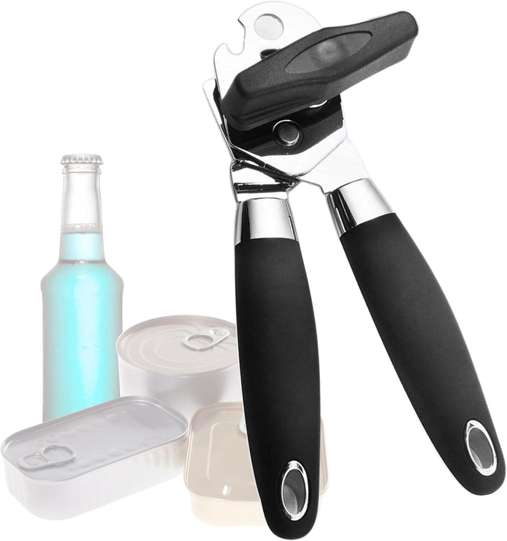Easy Turn Manual Can Opener and Bottle Opener - Heavy Duty Stainless Steel Can Openers for Seniors, Smooth Edge, Ergonomic Handle, Durable Sharp Cutting Wheel (Black)