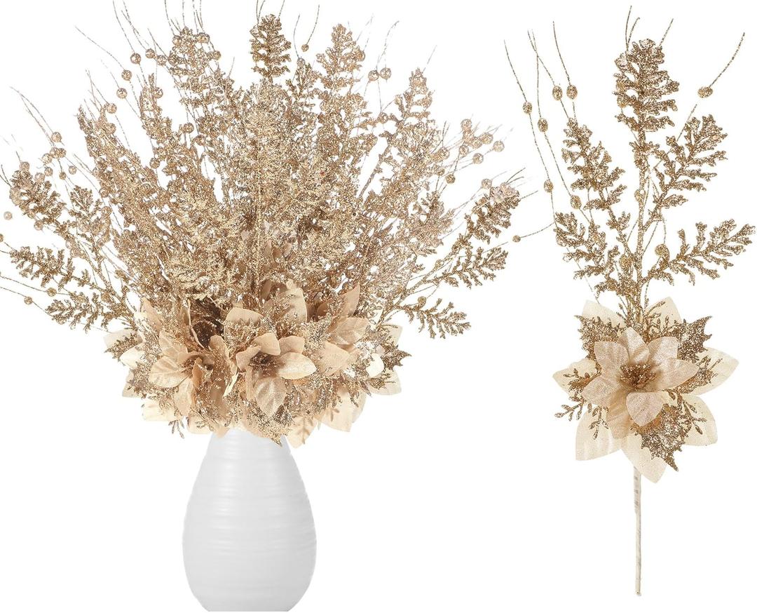 15 Pcs 17 Inch Christmas Artificial Glitter Berry Stem Ornaments with Poinsettia Flower, Xmas Glitter Poinsettia Flowers Picks for Christmas Tree Vase Holiday Party Home Decor(Champagne)