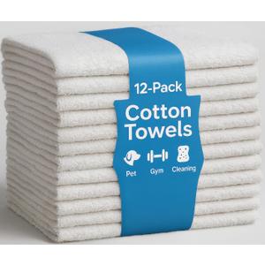 JMR 12 Pack Thin 100% Cotton Utility Towels (22x44 White) - Quick-Dry, Lightweight & Economical for Pets, Gym, Cleaning, Kitchen, Travel, Hair, Auto - Practical Multi-Use Space Saver, Bulk Value