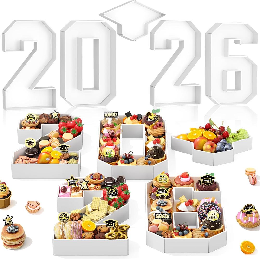 2026 Charcuterie Numbers Fillable, 13.78'' White 2026 Cardboard for Charcuterie, Number 2026 Tray for Chocolate Cookies Flowers Cupcakes Box with Graduation Cap, Class of 2026 Graduation Decorations