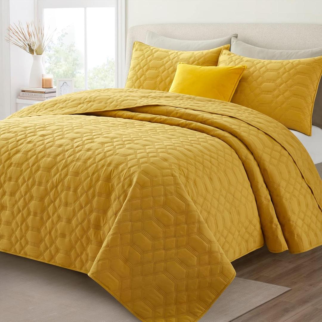 HORIMOTE HOME 100% Cotton Quilt Set King Size, Yellow Pre-Washed 3-piece Bedspread Coverlet Set, Cozy Lightweight Stitching Decorative Bedding Cover with 2 Shams in Geometric Pattern for All Season