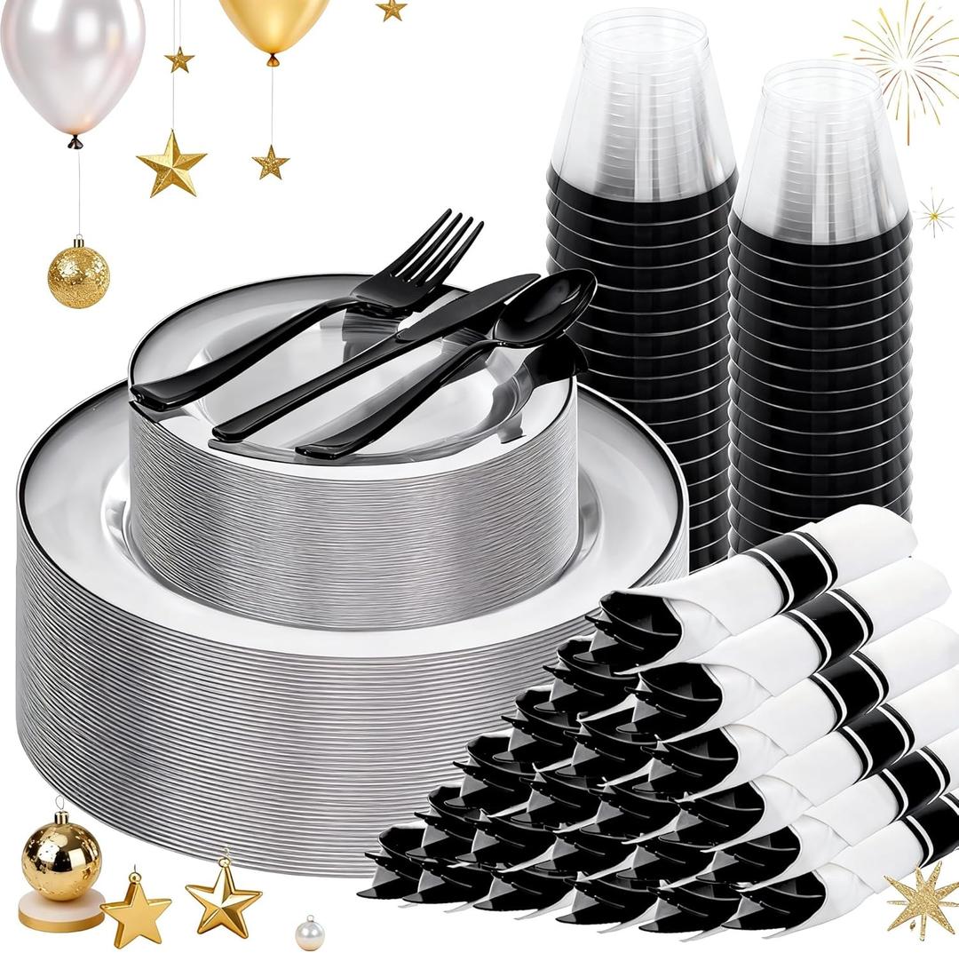 SUT 175 Pcs Black and Clear Plastic Dinnerware Set for 25 Guests, Include: 25 Dinner Plates, 25 Dessert Plates, 25 Pre Rolled Napkins With Silverware, 25 Cups, Disposable Plates for Party
