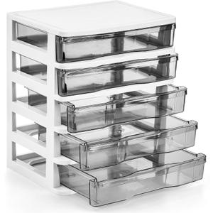 DEAYOU 5 Drawer Desktop Storage Bin Unit, Small Plastic Organizer, White Frame with Clear Drawer, Mini Container Case for Desk, Storing Craft, Accessory, Stationery DEAYOU 5 Drawer Desktop Storage Bin Unit, Small Plastic Organizer, White Frame with Clear Drawer, Mini Container Case for Desk, Storing Craft, Accessory, Stationery