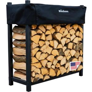 Woodhaven Black 4 Foot - Heavy Duty Made In USA - Indoor Outdoor - 1/4 Cord Firewood Storage Log Rack With Seasoning Cover Combo Set - Metal Log Storage - 48 x 48