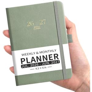 EMSHOI Pocket Calendar 2026-2027, Small Mini Academic Planner Weekly and Monthly, July 2026-June 2027, School Student Teacher Agenda, Leather Hardcover, 100GSM Paper, Tabs, A6 4.3"x6", Light Green