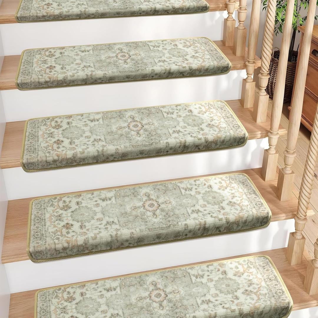 Bullnose Non-Slip Stair Treads for Wooden Steps, Carpet Stair Treads for Indoor Runner, Pet Friendly Soft Stair Rugs, Edging Stair Protectors Reusable, Washable, 30"x9.5"x1.5" 2pcs, Grey