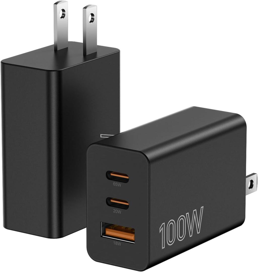 2Pack 100W USB C Charger Block, 3Port Fast Charging Adapter, Type C Fast Charging Blocks Cube PD USBC Wall Plug+QC3.0 USB A Charger Brick for MacBook Pro/Air,iPad,iPhone 17/16,Samsung S25 &More-Black