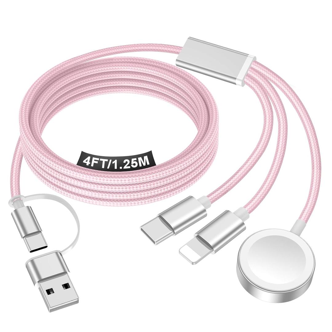 Travel Essentials for Apple Watch Charger,iPhone Charger,3 in 2 Type C/L/Magnetic Fast Charging Cable,Multi Charging Cable Portable Designed for iWatch Series,iPhone 17-11,Galaxy S26-S21,Car-4FT