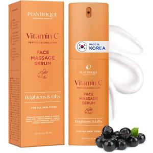 PLANTIFIQUE Korean Vitamin C Face Massage Serum  Hydrating Anti-Aging Collagen & Peptides Formula  Perfect for Gua Sha Facial Massage & Even Skin Tone Glow