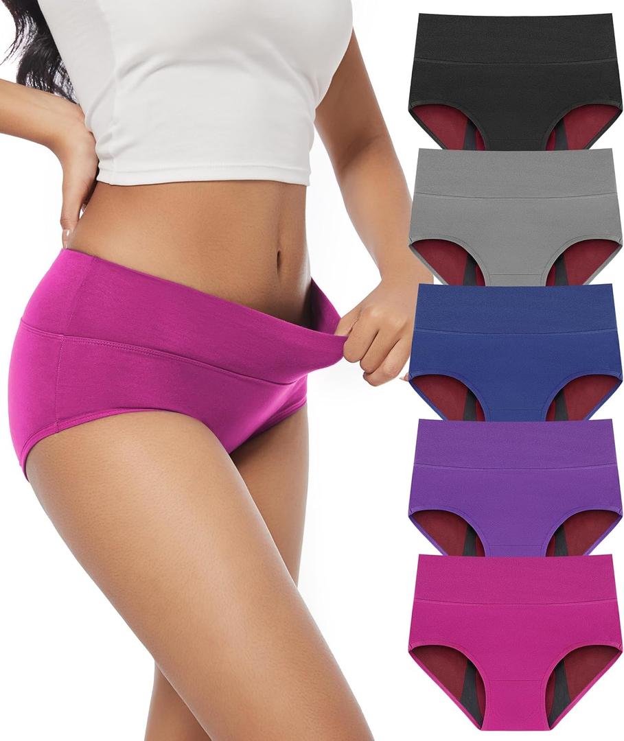 Women's Incontinence Underwear, 100ml Leak-Proof Period High Waisted Brief Heavy Flow Bladder Leak Washable Cotton 5 Pack (Multicolor01, Medium)