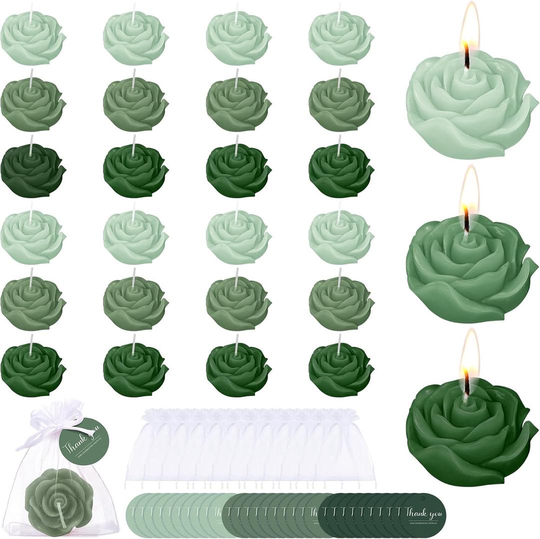 Treela 24 Set Flower Candles Wedding Favor for Guests Mini Sage Green Rose Shaped Tealight Candles for Return Gift Wedding Birthday Bridal Shower Housewarming Party