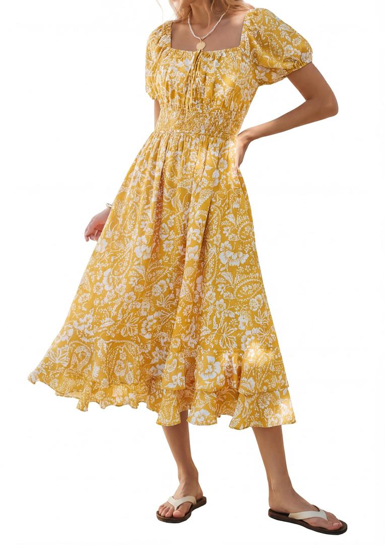 Yellow Maxi Floral Spring Dresses for Women 2026, Elegant Short Sleeve Bridal Shower Dresses for Guest, Long Flowy Dresses S (Yellow, S)