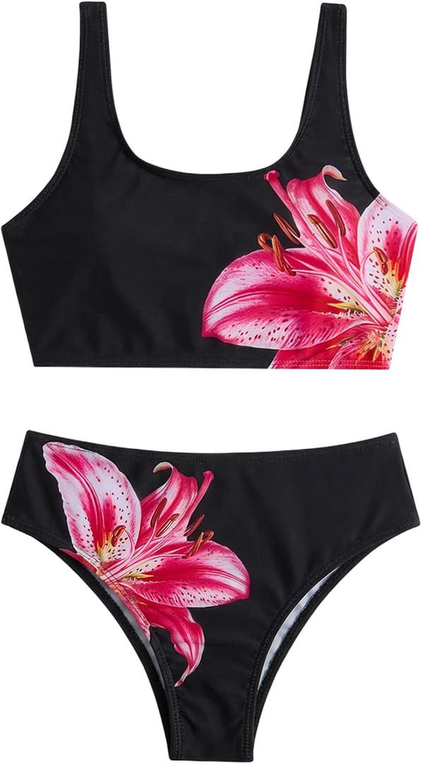 RoseSeek Girl's 2 Piece Striped Bowknot Swimsuit Set Wireless Cute Bathing Suit Summer Beachwear Bikini Sets (10 Years, Floral Black)