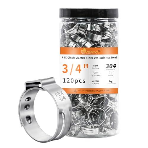 WYSIWYKA 120pcs 3/4 inch PEX Cinch Clamps Rings, 304 Stainless Steel Single Ear Hose Clamps, Heavy Duty Pex Crimp Rings for PEX Tubing Pipe Fitting Connections
