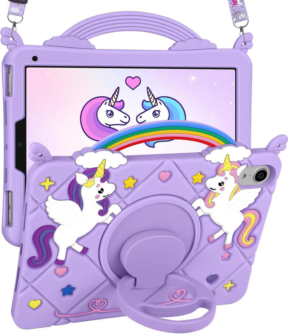 Uppuppy for iPad mini 7 A17 Pro Case 2024/ Mini 6 Case 8.3 Inch 2021 - Cute Girls Kawaii Cover Girly Teen with Rotating Stand & Strap Purple Soft Silicone Cases for iPad mini 7th/6th Generation Cases