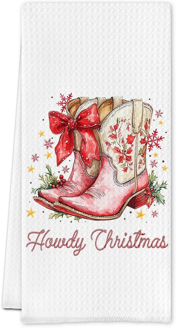 Cilrii Western Christmas Kitchen Towels, Cowgirl Christmas Dish Tea Towels for Kitchen Decor, Pink Bow Cowgirl Boots Xmas Decorative Hand Towel for Bathroom, 16x24 Inch (Red)
