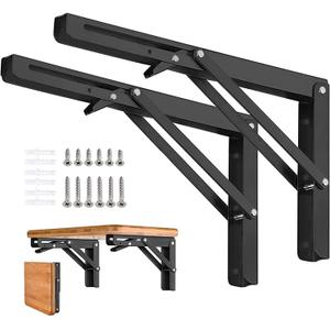 Folding Shelf Brackets 22 inch 4 Pcs - DIY Wall Mounted Shelf Bracket for Garage Workstation, Stuff Supports, Plant Stand - Heavy Duty Collapsible Shelf Bracket, Black