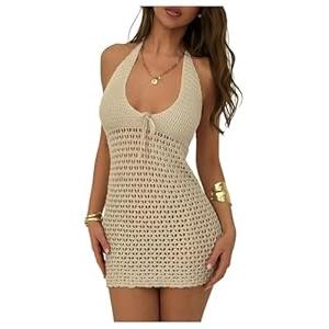 Milumia Women's Tie Backless Mini Halter Dresses Sleeveless Knitted Vacation Beach Dress Apricot Medium