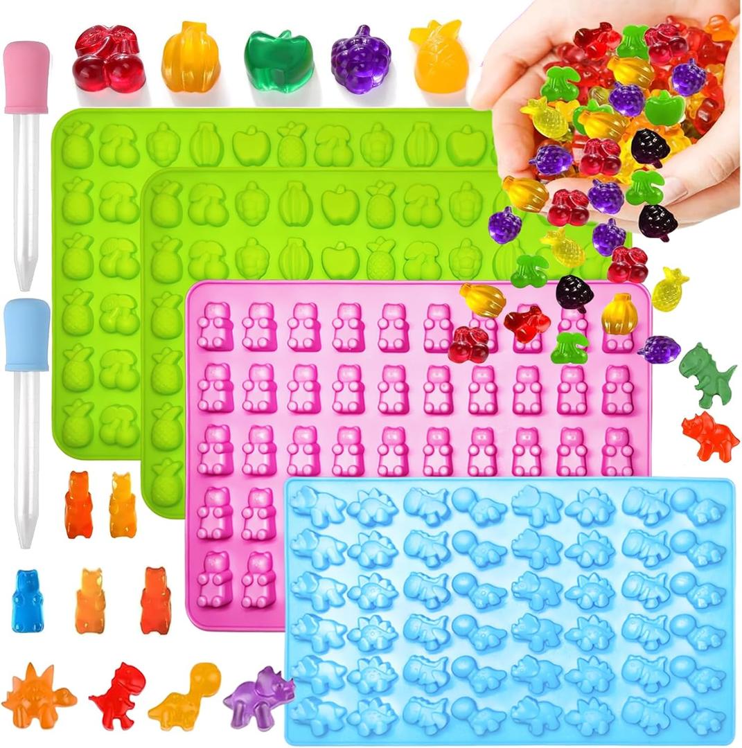 Mini Silicone Candy Molds Kit (0.7 Inch Bite-Sized) -Non-Stick Chocolate & Candy Mold and small ice cubes for Kids, Contains Dinosaur,Fruit,Vegetable Shapes (230 Cavities)- 4 Pieces + 2 Droppers.