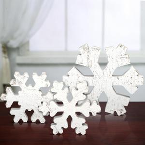Bucherry 3 Pcs Winter Wooden Snowflake Decor Rustic Winter Snowflake Table Signs Wonderland Wood Blocks Farmhouse Christmas Tiered Tray Decorations for Xmas Table Shelf(Classic White) (Antique, Retro White)