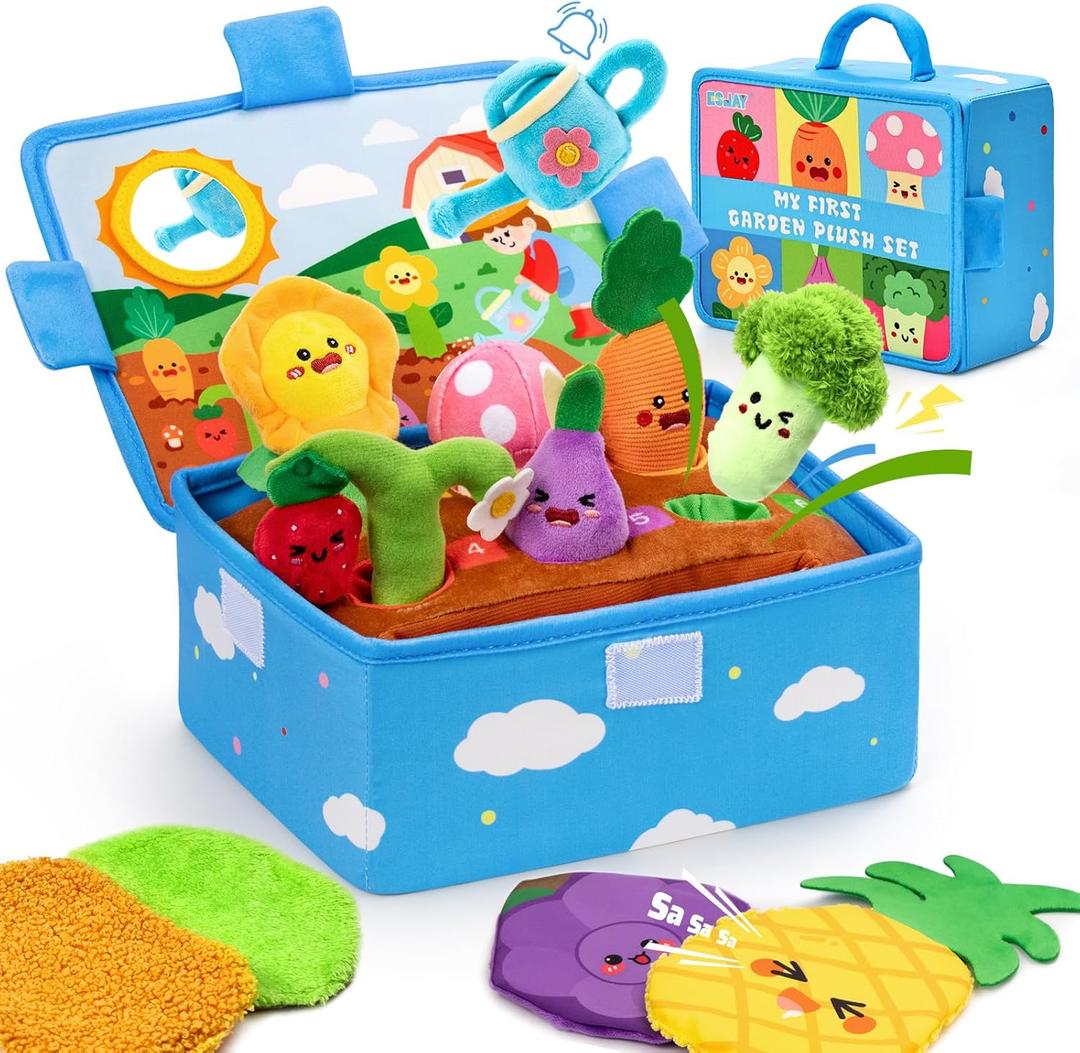 Baby Toys 6-12 Months, Montessori Sensory Garden Plush Set Vegetable Fruits, Baby Developmental Learning Toys with Rattle Squeaker Mirror Texture Tissue, Gifts for 6+ month old Boy Girl Christmas