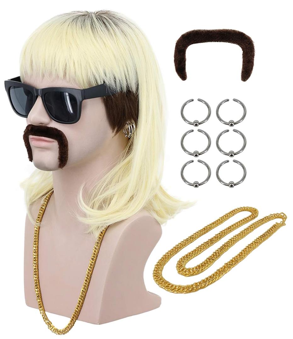 VGbeaty 70s 80s Adult Men Long Curly Black Root Blonde Mullet Mutsache Wig with Gold Necklace and 6 Earrings Halloween Costume Cosplay Wig