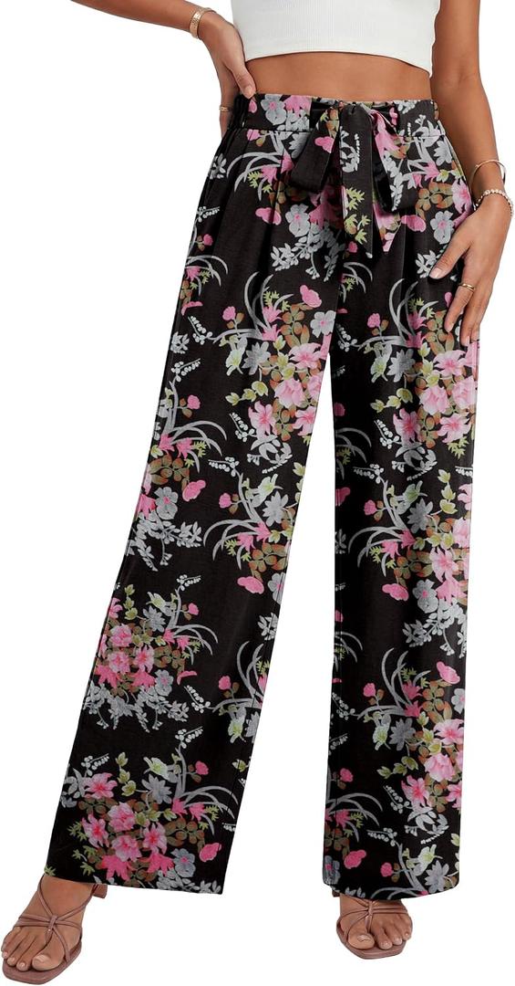 Lepunuo Women's High Waisted Wide Leg Flowy Pants Casual Palazzo Pants Work Adjustable Tie Knot Pants with Pockets (Black, XS)