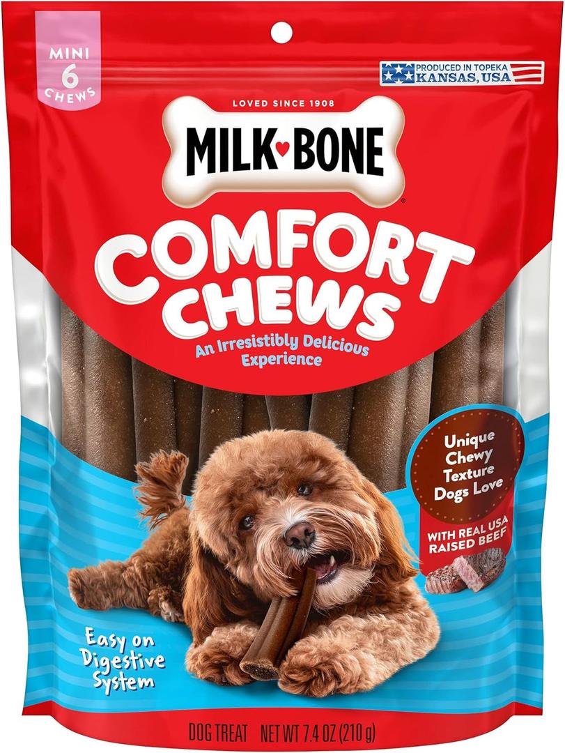 Milk-Bone Mini Comfort Chews, Rawhide Free Dog Treats with Unique Chewy Texture and Real Beef, 6 Mini Chews (Pack of 5)