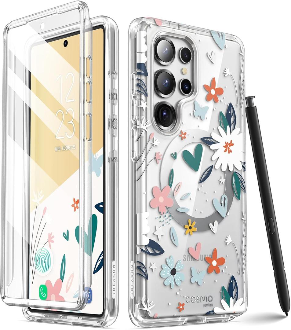i-Blason for Samsung Galaxy S25 Ultra Case MagSafe with Built-in Screen Protector [Support Fingerprint ID & Wireless Charger] Full-Body Slim Style Magnetic Phone Case for S25 Ultra, Flower