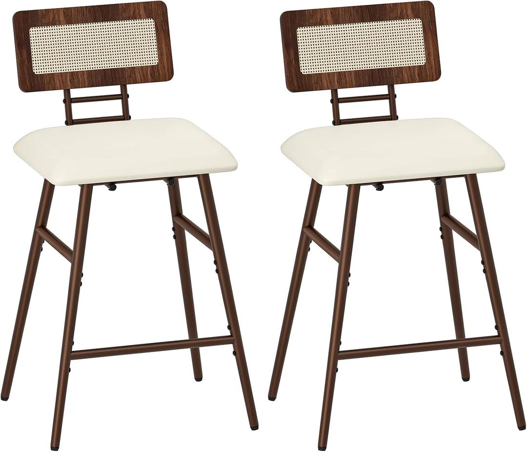 HOOBRO Bar Stools, Set of 2 Barstools, Bar Chairs with Footrests, Rattan Bar Stools, Bar Chairs with Backrests, for Dining Room, Kitchen, and Offices, Walnut and Beige HE42BYP201