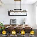 BONLICHT Rectangle 5 Lights Black Modern Dining Room Lighting Fixtures Hanging Over Table, Industrial Brushed Brass Chandeliers Farmhouse Kitchen Island Linear Pendant Light Ceiling with Clear Glass, 5 Lights-Clear Glass Shade
