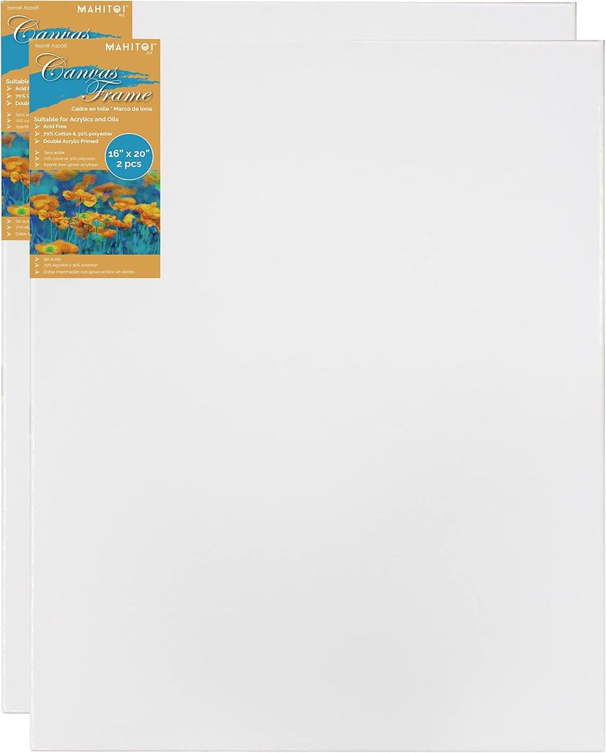 2-PC, 16x 20 Medium Weight Stretched Canvas Wood Frame Value Pack, White, Acid-Free, Oil & Acrylic Paints, Primed with Double Acrylic Gesso to Smooth Surface & Reduce Absorbency