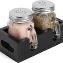 Mason Jar Salt and Pepper Shakers - Glass Shaker Set with Wood Holder Caddy, Easy to Clean & Refill for Farmhouse Kitchen Table, Home and Gifts (Black)