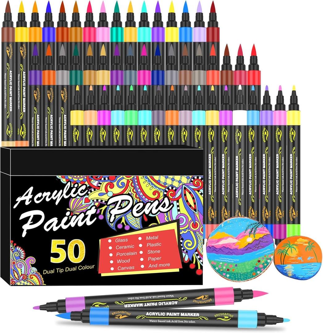 Amamao 100 Colors Acrylic Paint Markers Pens Set,50 Pack Dual Tip Acrylic Paint Markers with Brush Tip and Fine Tip for Rock Painting Fabric Plastic Wood Canvas Stone Glass Paper DIY Craft Supplies