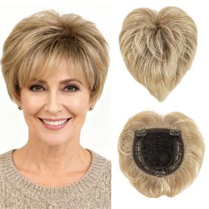 Short Hair Topper for Thinning Hair 5.5 Inch Short Pixie Cut Toppers Pieces Natural Curly Texture Synthetic Brown Mix Natural Blonde Wiglets Hairpieces (5.5 inch)