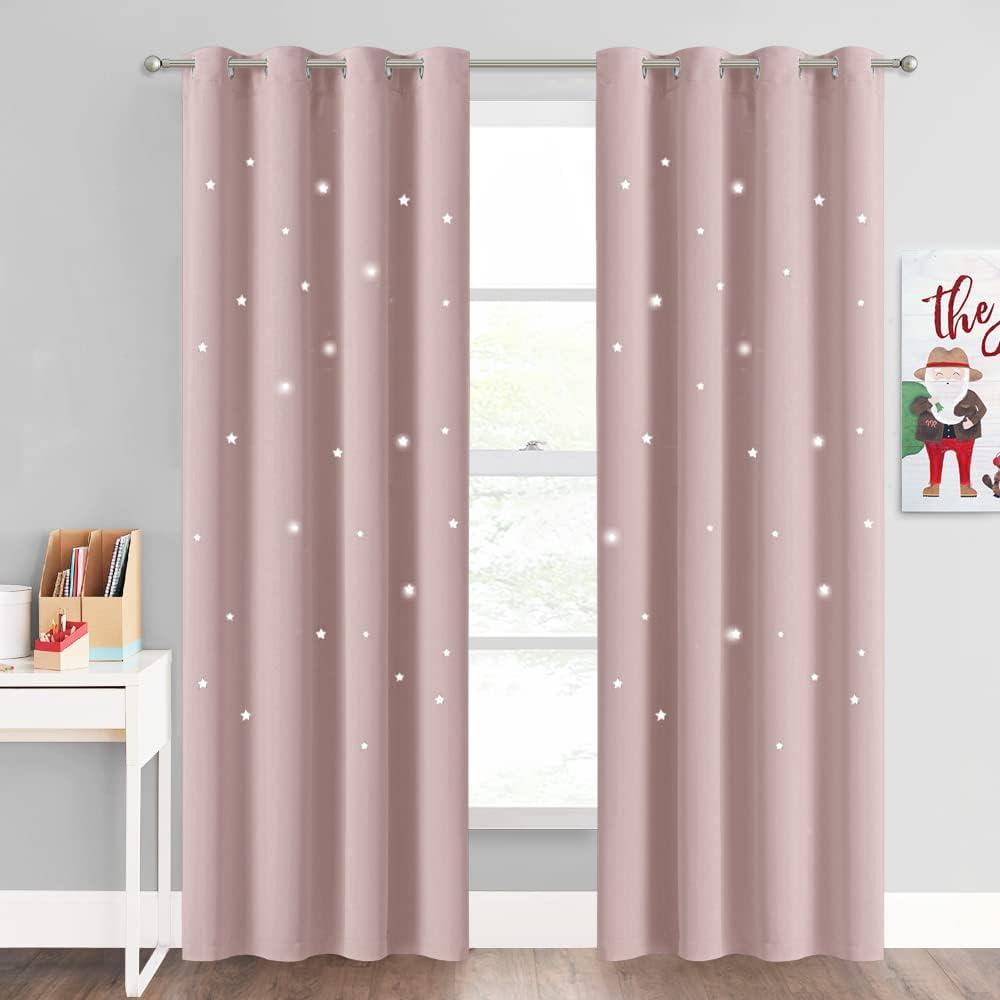 NICETOWN Light Pink Star Blackout Curtains for Kid's Bedroom, Grommet Thermal Insulated Room Darkening Nursery Curtains for Living Room/Thanksgiving, (52 x 84 Inch, Set of 2 Panels)