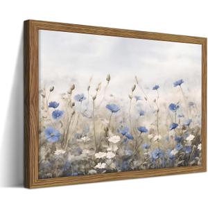 Vintage Floral Wall Art, Blue White Wildflower Botanical Canvas Wall Decor, Nature Landscape Artwork Painting, Rustic Farmhouse Flower Prints Pictures for Bedroom Living Room 16x24 Inch Framed