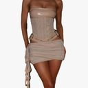 Sexy Two Piece Outfits for Women Off the Shoulder Leather Tube Top High Waist Ruched Mini Skirt Set Vacation Outfits, Size Medium