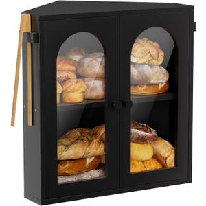 WOWLIVE Corner Bread Box for Kitchen Countertop, 2 Tier Bamboo Bread Storage Container for Homemade Bread with Clear Acrylic Door Panel, Bread Bin Farmhouse Breadbox Organizer (Black, Extra Large)