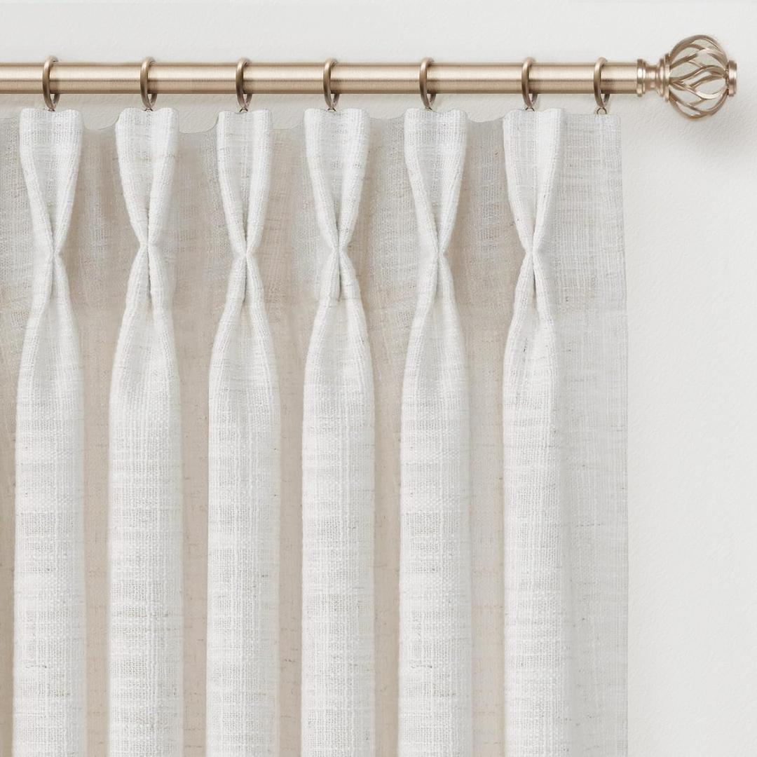 INOVADAY Memory Trained Pinch Pleated Curtains 90 Inches Long, Linen Curtains for Living Room, 2 Panel Set Pinch Pleated Drapes with Hooks, Light Filtering Window Treatment, 40" W x 90" L, Beige White