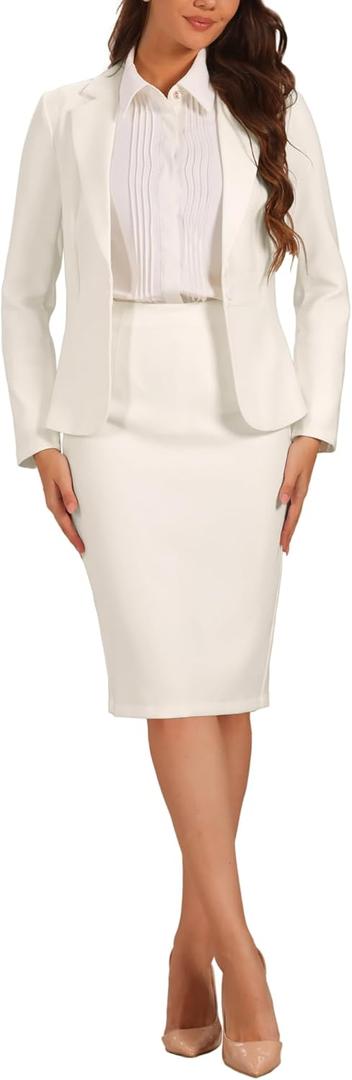 Allegra K Women's 2 Piece Skirt Suit Set Business Long Sleeve Blazer and Pencil Skirt Outfits (Medium, White)