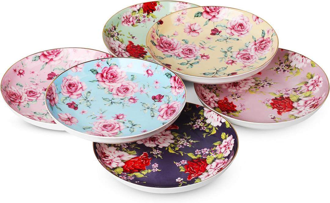 BTaT- Porcelain Floral Dessert Plates, 8 inch, Set of 6, Deep Plates, Porcelain Bone China, Appetizer Plates, Floral Plates, Salad Plates, Small Plates Set, Small Dishes