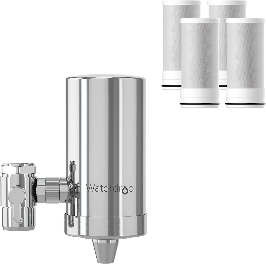 Waterdrop Water Filter for Sink Faucet, 360° Rotating Stainless Steel, NSF Certified Water Purifier for Kitchen Sink, 12 Months Long Lasting Tap Water Filter, Reduce Chlorine, 4 Filters