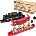 MOFEEZ Power Distribution Block Bus Bar, 4 x 5/16" Posts, 6 x #8 Screws Terminals, Max 48V 250A (Pair, Red & Black)